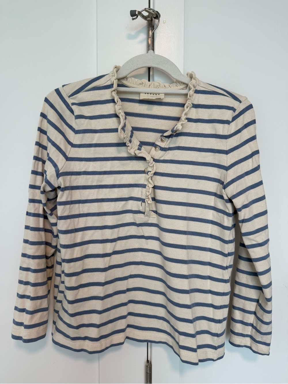 Sezane Cream and Blue Striped Ruffle Henley Long Sleeve Top
